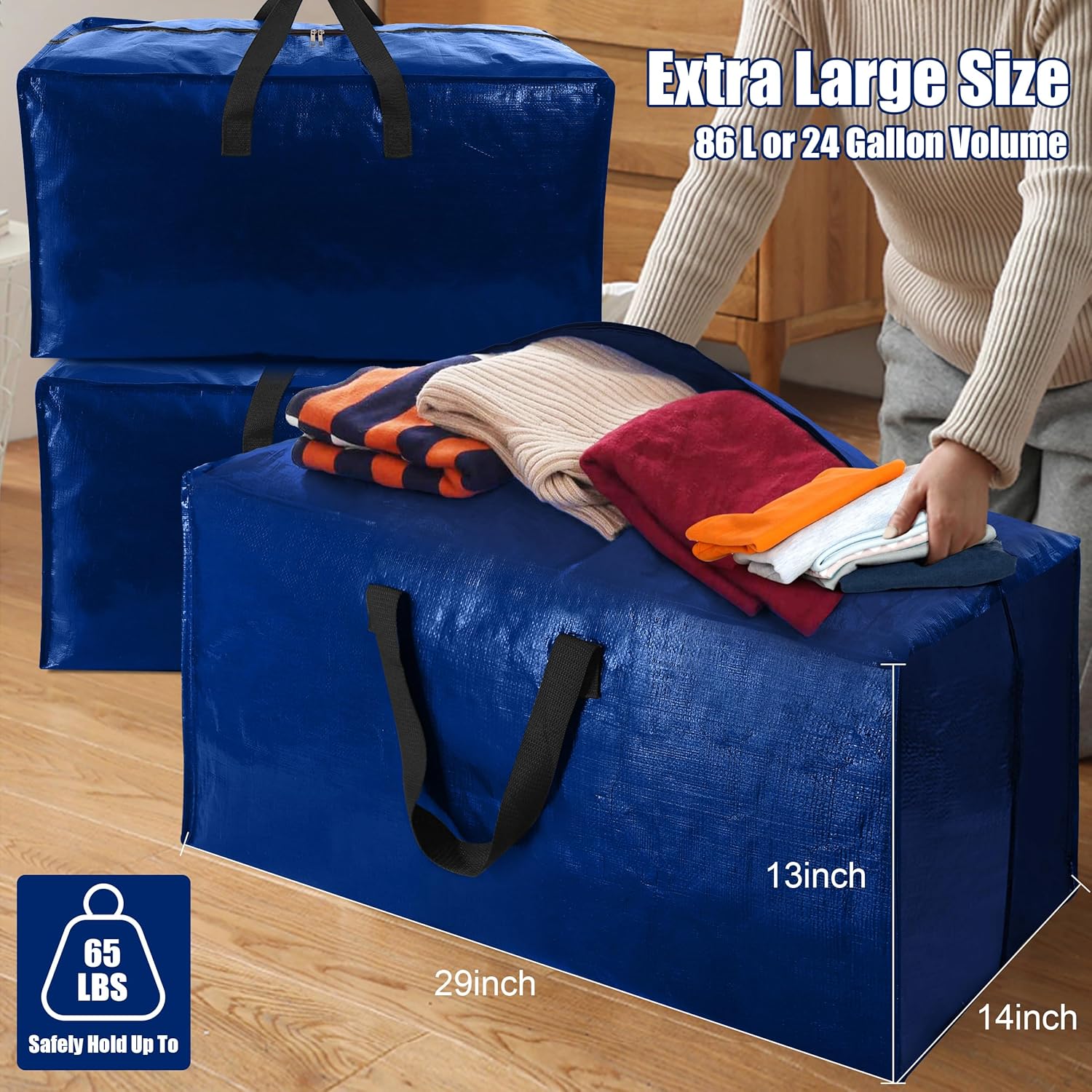 Cosy Family 4 Pack Heavy Duty Extra Large Moving Bags with Backpack Straps - Strong Handles & Zippers, Storage Totes For Space Saving, Fold Flat, Alternative to Moving Box (X-Large-Set of 4, Blue) - Image 6