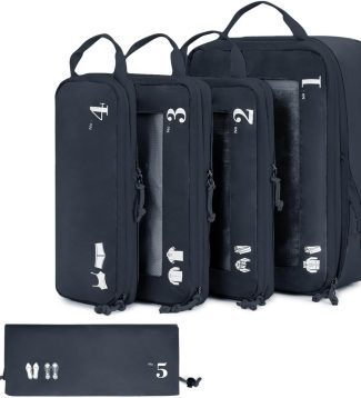 ECOHUB 5 Set Compression Packing Cubes for Suitcases Organiser Bags Set Travel Essentials with Shoe Bags for Travel Tear-resistant Travel Accessories with ID Tag Expandable Packing Bags(Navy Blue)