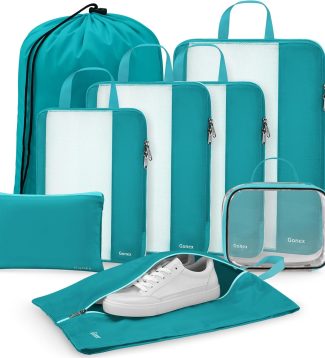 Gonex 8 Set Compression Packing Cubes, Expandable Mesh Organizer for Travel Accessories, Essentials With Toiletry, Laundry, Shoe, Cable Bags for Suitcases, Blue